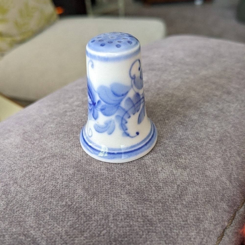 Blue White Thimble Extra Tall Floral Detail Ceramic Vintage Trinket Collectible